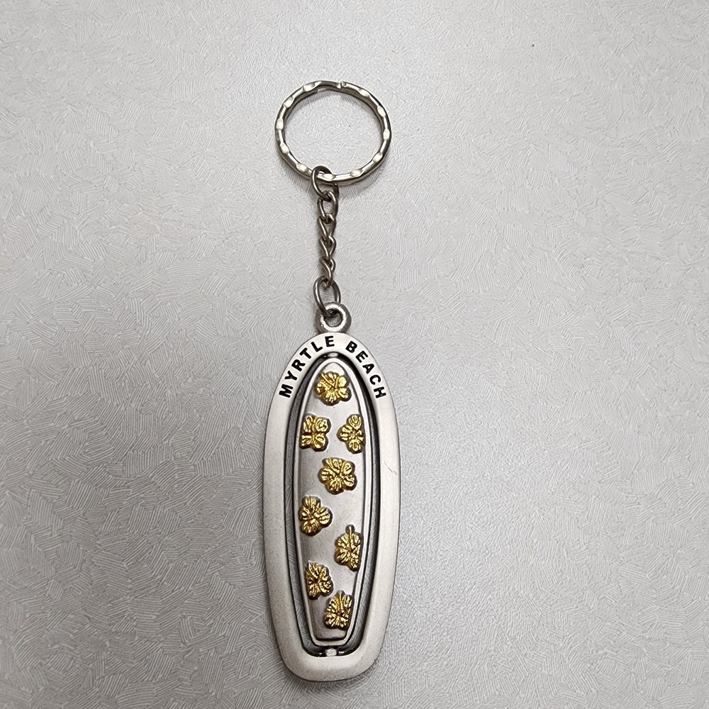 Myrtle Beach South Carolina Surfboard Engraved Souvenir Spinner Keychain Silver